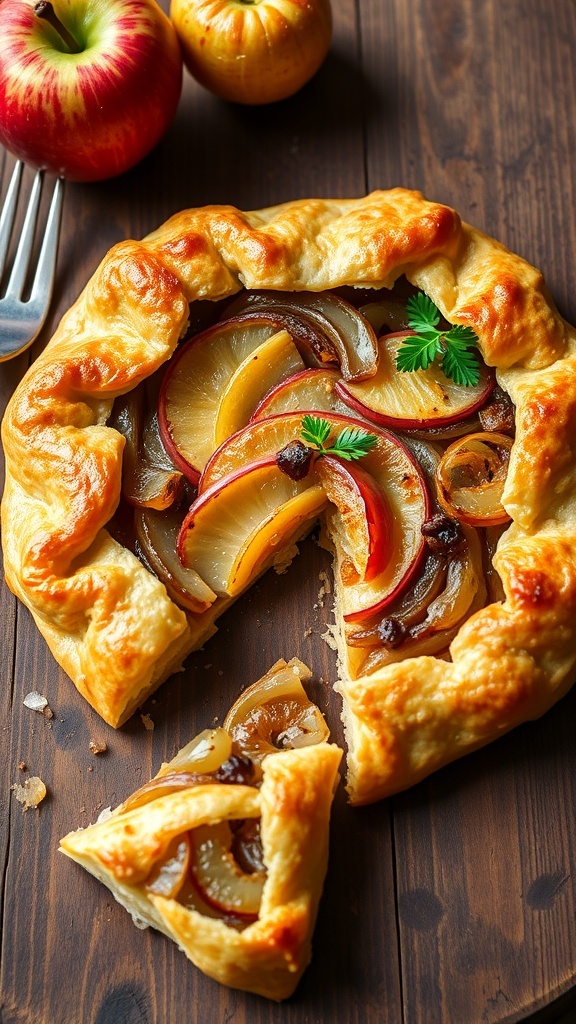 A golden apple and onion tart with flaky pastry, garnished with parsley on a wooden table.